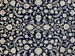 Pak Persian Rug 8x11, Fine Floral Allover Oriental Carpet 8 x 11 ft, Dark Blue and Pink, Room Sized Wool Vintage Rug, Hand Knotted Rug
