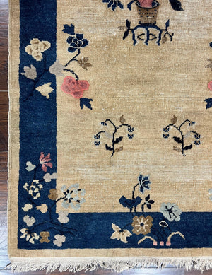Antique Chinese Peking Rug 3x6, Beige and Dark Blue Hand Knotted Handmade Asian Oriental Carpet, Floral Vases, Vintage Wool Art Deco Rug
