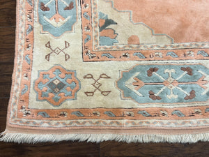 Turkish Oushak Rug 9x12, Wool Hand Knotted Vintage Carpet, Peach Cream Light Blue Room Sized Oriental Rug