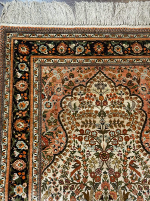 Exceptional Silk Rug 2.6 x 4, Very Fine 630 KPSI, Persian Vase Tree of Life Bird Pictorials, Handmade