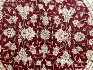 Sino Persian Round Rug 4x4, Wool Hand Knotted Oriental Carpet, Maroon & Ivory Vintage Rug, Floral Rug, Traditional Rug 4 x 4, Fine Rug