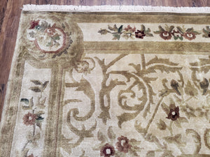 Vintage Nepali Tibetan Aubusson Rug 6x9, Wool Hand-Knotted Cream Beige Carpet, Leaves & Floral Pattern 6 x 9 Soft Area Rug Home Office Rug