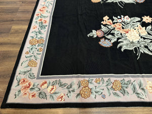 Black Needlepoint Rug 8x11 with Multicolor Flowers, Vintage Carpet