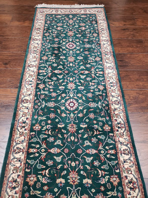 Extra Long Runner Rug 24 ft, Skinny & Long Rug for Hallway Corridor 2.6 x 24 Indo Persian Vintage Wool Rug Green and Cream Handmade Oriental