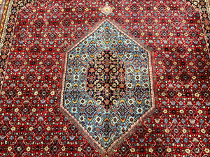 Indo Persian Bidjar Rug 10x14, Red and Dark Blue, Herati Mahi Pattern, Vintage