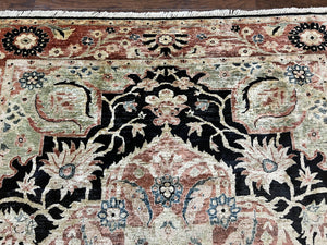 Pak Persian Rug 8x10, Pakistani Mahal Sultanabad Carpet, Signature from Master Weaver, Shiny Wool, Black Red Vintage Handmade Medallion Rug