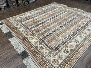 Striped Turkish Anatolian Rug 6x7 Almost Square Shaped Carpet Handmade Vintage Oriental Rug, Living Room Rug, Neutral Colors Cream, Wool Rug
