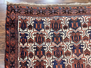 Persian Afshar Rug 4x5, Repeated Motif, Ivory & Burgundy, Wool Tribal Oriental Carpet, Handmade Vintage Semi Antique Medium Sized Rug