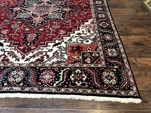 Indo Persian Heriz Rug 8x10, Geometric Medallion, Brick Red Ivory Navy Blue, Room Sized Heriz Carpet, Wool Rug