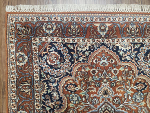 Antique Indian Kashmiri Area Rug 4x6, Wool Hand-Knotted Red & Ivory Floral Medallion Persian Carpet, Vintage Oriental Entryway Rug 4 x 6