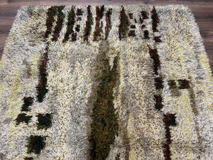 Swedish Rya Shag Rug 5x8, Multicolor Abstract Mid Century Vintage Retro Shag Rug, Soft Fluffy High Pile, Cream Gray Greens, 5 x 8 Shag Rug