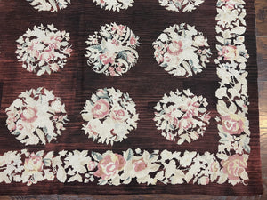 Floral Needlepoint Rug 5x7, Repeated Floral Motifs, Eggplant Color, Handmade Wool Vintage Needlepoint Area Rug 5 x 7 ft, Flatweave Rug