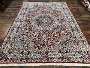 Persian Kirman Rug 7x10, Hand Knotted Wool Floral Medallion Carpet, Dark Red