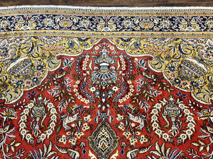 Wonderful Persian Qum Rug 10x14, Wool w/ Silk Highlights, Hand Knotted Semi Antique Vintage Carpet, Red, Floral, Fine Weave, Birds Deer Pictorials