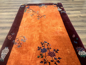 Chinese Art Deco Rug 5x8, Antique Chinese Wool Rug, Nichols Rug, Rare Chinese Carpet, Orange and Purple-Maroon