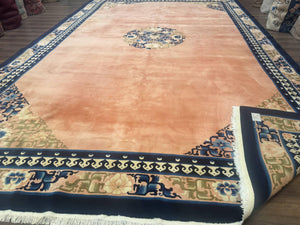 Chinese Wool Rug 11x18, Palace Sized Chinese Carpet, Peking Rug, Peach and Blue, Open Field, Simple Design, Art Deco Rug, Large Handmade Rug