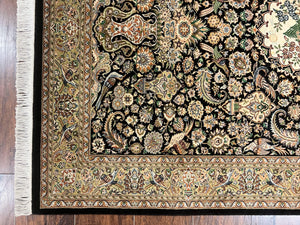 Pak Persian Rug 4x6, Wool Hand Knotted Vintage Carpet, Black & Olive Green, Bird Pictorials, Floral Fine Oriental Rug