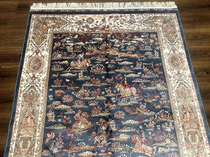 Turkish Silk Rug 5x8, Hunting Design, Animal Pictorials, Steel Blue & Ivory, Bamboo Silk