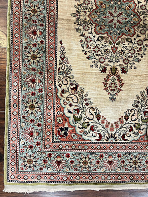 Silk Turkish Kayseri Rug 2x3, Very Finely Hand Knotted, Semi Open Field, Vintage, Silk Pile on Silk Foundation, 300 KPSI