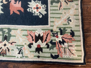 Vintage American Needlepoint Rug 4x6, Dark Green, Wool, Handmade, Flatweave Carpet