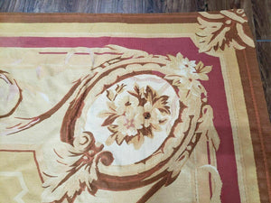 Aubusson Rug 10x13, Savonneire Carpet 10 x 13 ft, Handmade Vintage Flatweave Room Sized Wool Floral Aubusson, Cream/Tan Ivory Reds Pinks