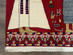 Egyptian Pictorial Rug 3x4, Hieroglyphic Pictorial Rug, Egyptian Prince and Princess, Cleopatra, Vintage Handmade, Red