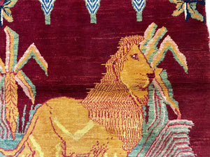 3 X 5 Handmade Rug New Vintage Rug Quality Wool Pictorial Lion Jungle Veg Dyes