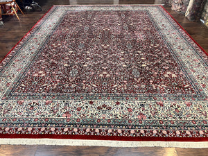 Pak Persian Rug 11x15, Wool & Silk Highlights Hand Knotted Vintage Carpet, Red Cream, Floral Allover, Oversized Kirman Rug