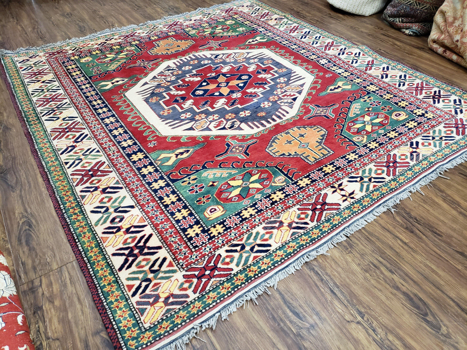 Vintage Turkish Kazak Area Rug, 6ft Square Rug, 6x6 Square Oriental Carpet, Hand-Knotted, Wool, Bold Colors, Red Blue Green, Geometric Rug