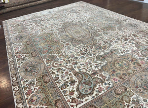 Sino Persian Rug 9x12, Wool on Silk Foundation Hand Knotted Ivory Vintage Carpet, Birds Design, Very Fine Room Sized Floral Oriental Rug
