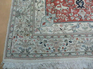 6' X 9' Vintage Handmade India Oriental Floral Wool Rug Hunting Bird Deer Nice