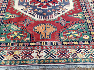 Vintage Turkish Kazak Area Rug, 6ft Square Rug, 6x6 Square Oriental Carpet, Hand-Knotted, Wool, Bold Colors, Red Blue Green, Geometric Rug