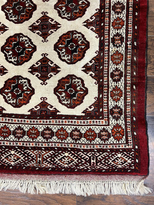Persian Turkoman Rug 7x8, Almost Square Rare, Hand Knotted, Yamud, Bohemian Rug, Handmade Tribal Rug, Cream Red, Handmade Oriental Carpet