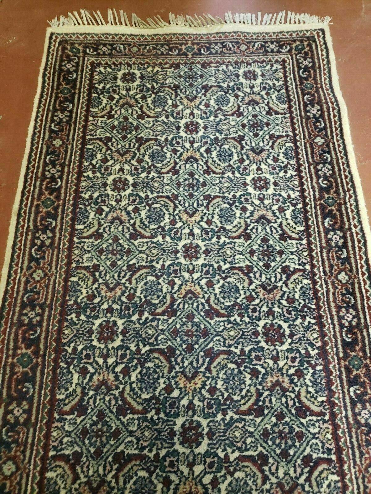 2' 9" X 20' Vintage Oriental India Floral Hand Made Wool Runner Rug Ivory Nice