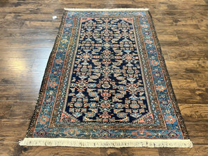 Antique Persian Tribal Rug 5x7, Navy Blue & Pink, Hand Knotted Handmade 1920s Wool Rug, Allover Pattern, Persian Hamadan Rug