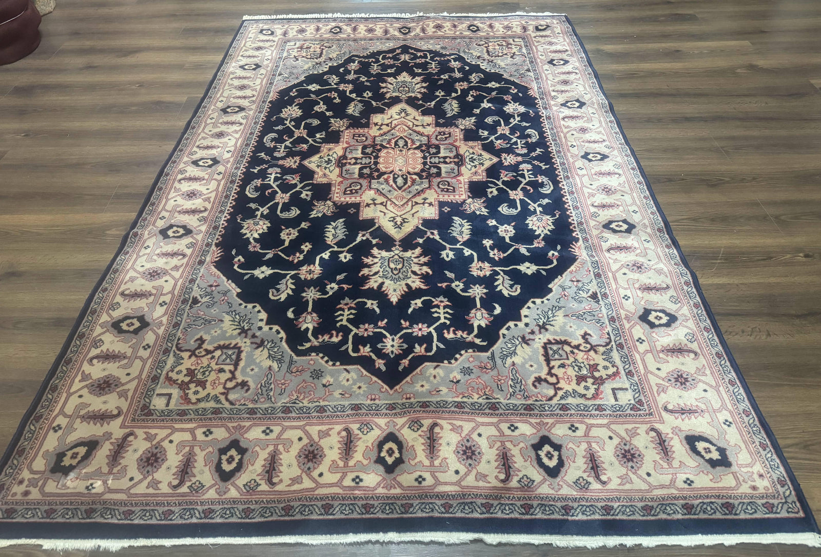 Karastan Rug Navy Serapi, Kara Shah Rug, Navy Blue, 5.6 x 8.6, Vintage Karastan Area Rug, Wool Pile Karastan Rug