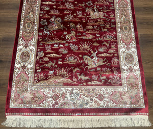 Turkish Silk Hunting Design Rug 4x6, Dark Red & Ivory, Bamboo Silk, New