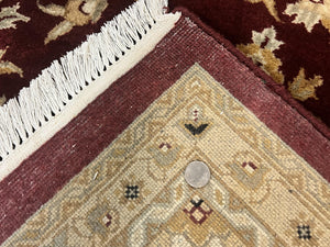 Vintage Indo Mahal Rug 8x10, Hand Knotted Wool Maroon & Beige Indian Agra Oriental Carpet, 8x10 ft Traditional Handmade Area Rug, Room Sized