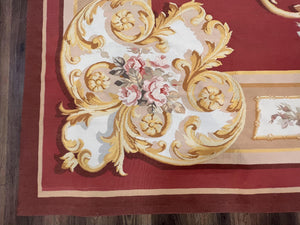 Aubusson Rug 9x12, Red Ivory Gold Tan, Handmade Hand Woven Aubusson Savonnerie Carpet, Vintage Flatweave Room Sized Aubusson Area Rug 9 x 12