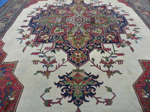 Persian Tabriz Rug 10x13 Oriental Carpet, Ivory Open Field, Geometric Medallion, Red Blue, Hand Knotted, Large Wool Area Rug Vintage Antique 1950s