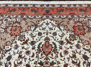 Wonderful Persian Tabriz Rug 9x12, Floral Medallion, Ivory and Salmon Red, Hand Knotted, Wool with Silk Accents, Very Fine Vintage Oriental Carpet