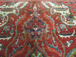 Persian Heriz Rug 7.5 x 10, Room Sized Heriz Ahar Carpet, Semi Antique Vintage Floral Large Medallion Rug, Red and Navy Blue, Hand Knotted Wool Rug