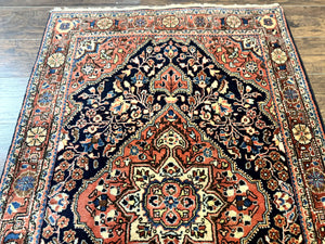 Persian Sarouk Rug 3.6 x 5, Medallion Rug, Red and Midnight Blue, Handmade Semi Antique Vintage Wool Carpet