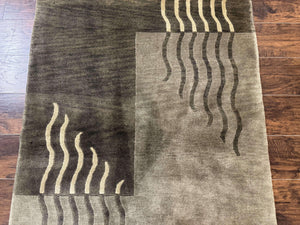 Modern Tibetan Wool Rug 3.6 x 5.6, Shades of Green, Abstract Design