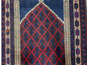 3x5 Vintage Handmade Tribal Wool Rug Balouchi Prayer Rug Afghan Rug Red Blue Wow