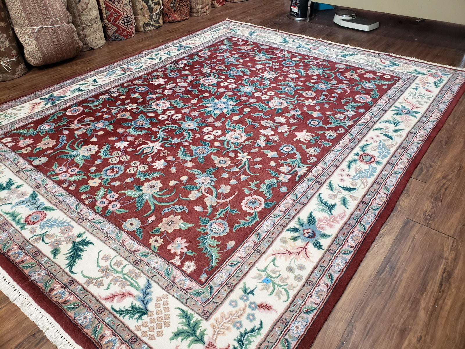 Indo Persian Rug 7.9 x 9.9 ft, Room Sized Indian Carpet, Wool Handmade Vintage Rug, Allover Floral Rug, Traditional Rug, Red Ivory Blue 8x10