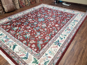 Indo Persian Rug 7.9 x 9.9 ft, Room Sized Indian Carpet, Wool Handmade Vintage Rug, Allover Floral Rug, Traditional Rug, Red Ivory Blue 8x10