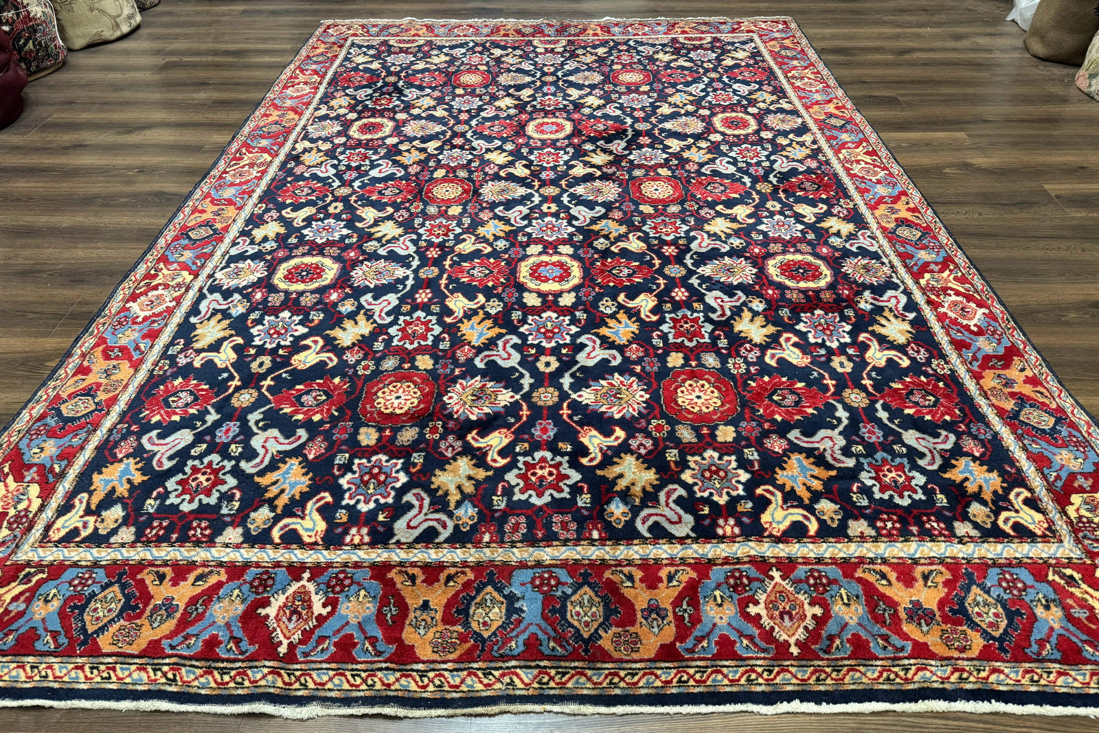 Persian Sarouk Mahal Rug 7x11, Navy Blue Multicolor Colorful Persian Carpet, Mina Khani Allover Pattern, Vintage Persian Rug