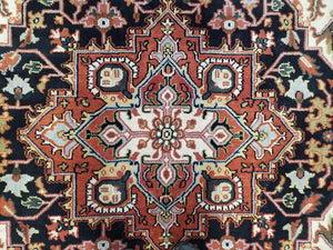 Vintage Indo Heriz Area Rug 8x10, Indo Persian Carpet 8 x 10, Red Dark Blue & Beige/Cream Indian Rug, Decorative Pattern, Wool, Hand-Knotted