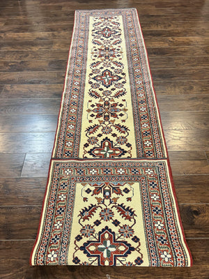 Afghan Heriz Runner Rug 2.9 x 12, Vintage Hand Knotted Persian Carpet for Hallway, 12ft Runner, Wool, Cream